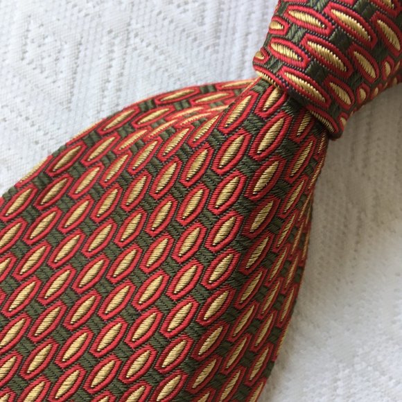 Tiffany & Co red gold brown geometric 100% silk tie Italy - Picture 2 of 5